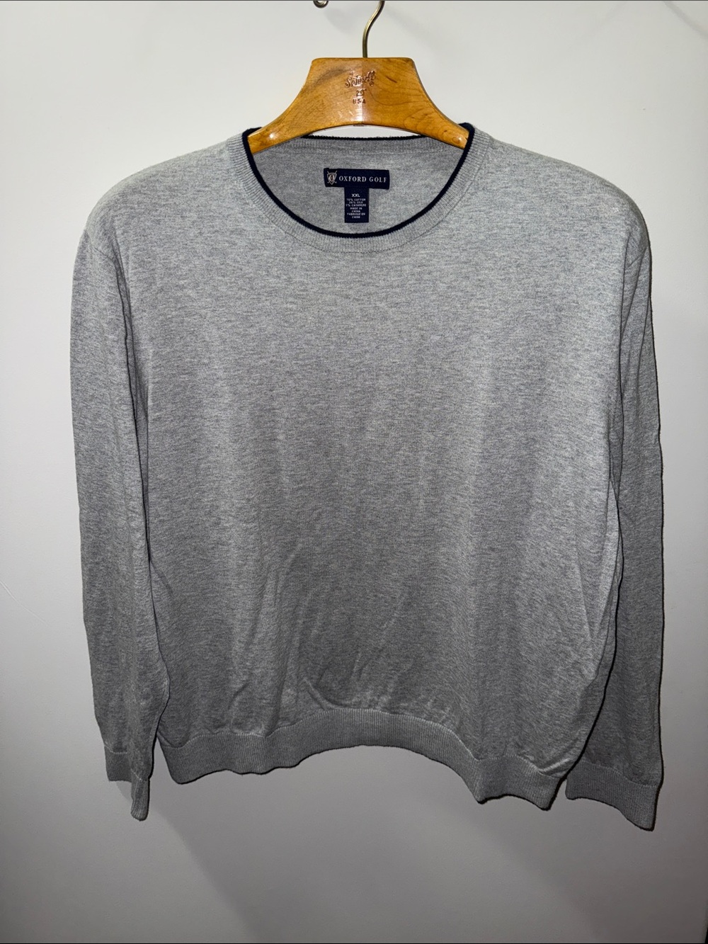 Oxford Golf Light Gray Crewneck Sweater with Navy Trim